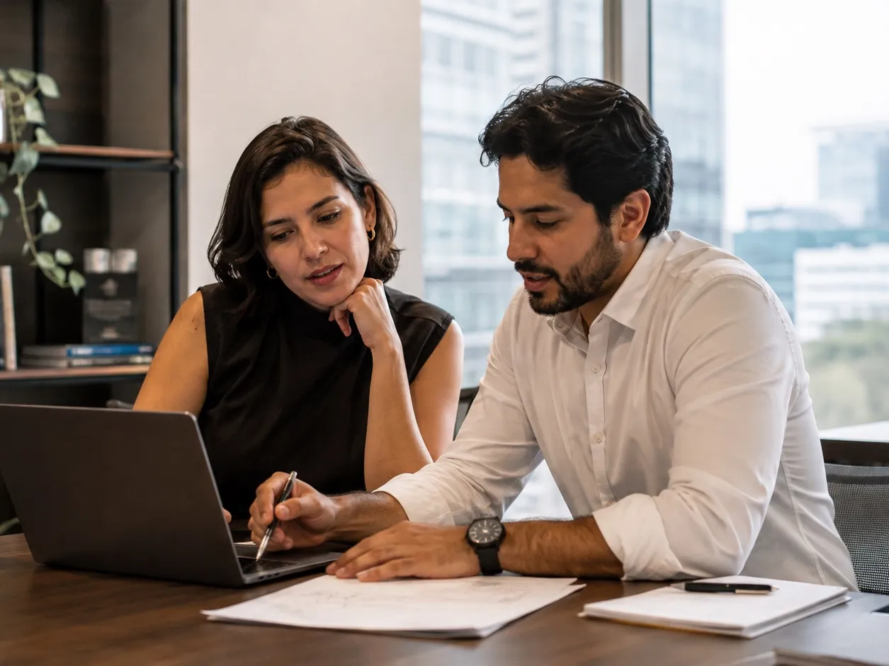 Dos profesionales revisando juntos una laptop y un documento impreso durante una sesión de trabajo.