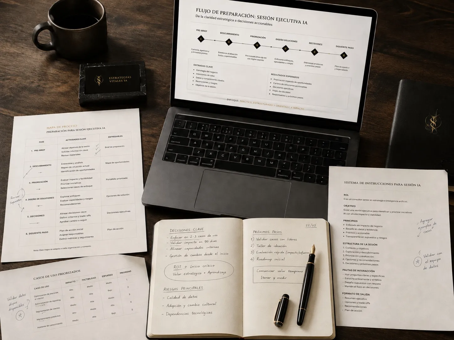 Mesa de trabajo con los artefactos de una sesión: mapa de proceso impreso, tabla de casos de uso priorizados, sistema de instrucciones, un cuaderno con decisiones y próximos pasos escritos a mano, y una laptop mostrando el flujo de preparación.