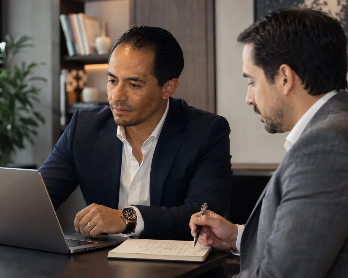 Salvador Villarreal y otra persona revisando un workflow en una laptop, con un cuaderno de notas abierto sobre la mesa.